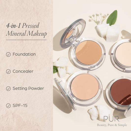 PUR Beauty 4-in-1 Pressed Mineral Makeup Powder Foundation with SPF 15 - Concealer & Finishing Compact Pressed Powder for Face - Buildable Medium to Full Coverage Foundation Powder