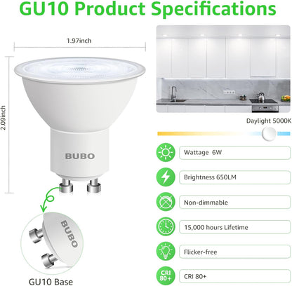 BUBO GU10 LED Bulb 6W Equivalent 50W, 5000K Daylight 650 Lumens, Non-Dimmable GU10 Bulb Replacement for Track Lighting, MR16 LED Bulb for Kitchen, Range Hood, Living Room, Bedroom, 6 Pack