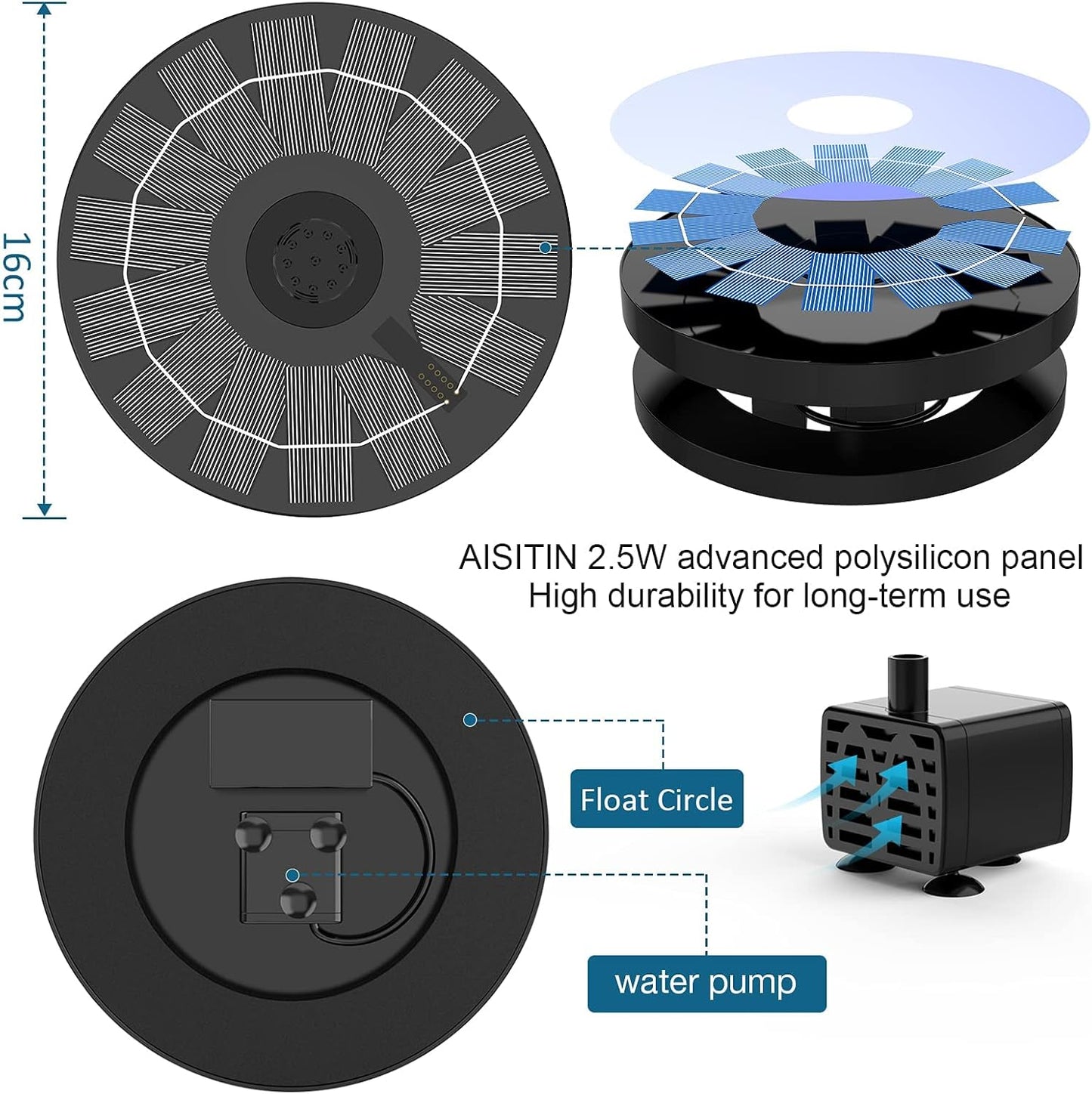 AISITIN 2.5W Solar Fountain Pump 2025, 6.7" Solar Fountain Pump for Bird Bath with 6 Nozzles, Solar Powered Water Fountain Pump for Garden, Ponds, Pool, Fish Tank, Aquarium and Outdoor