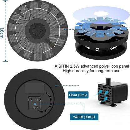 AISITIN 2.5W Solar Fountain Pump 2025, 6.7" Solar Fountain Pump for Bird Bath with 6 Nozzles, Solar Powered Water Fountain Pump for Garden, Ponds, Pool, Fish Tank, Aquarium and Outdoor