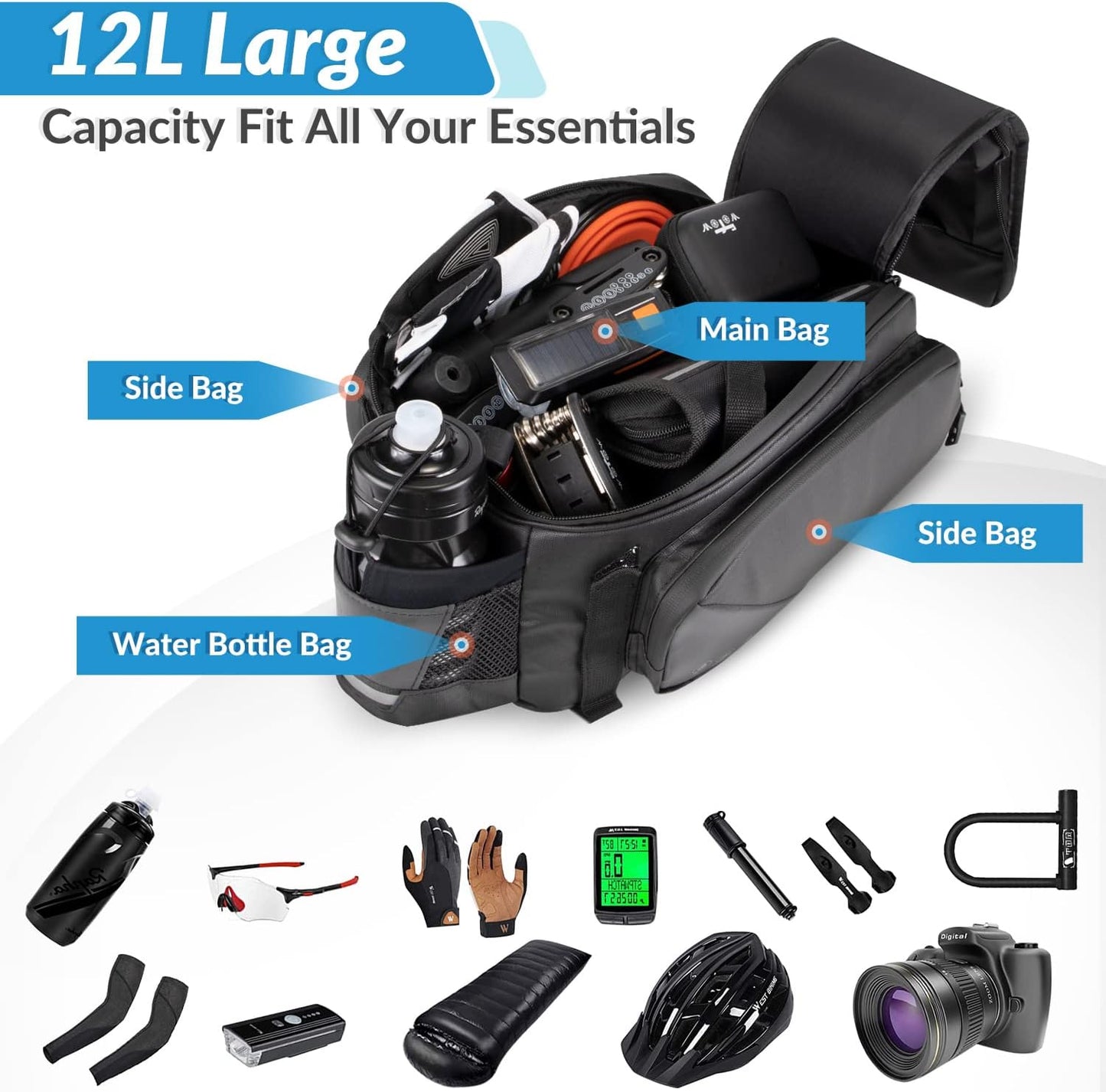 WOTOW Bike Rear Rack Bag, 12L Waterproof Reflective Bicycle Trunk Bag, Cycling Rear Seat Carrier Backseat Storage Luggage with Water Bottle Holder, Shoulder Strap for MTB Bike E-Bike