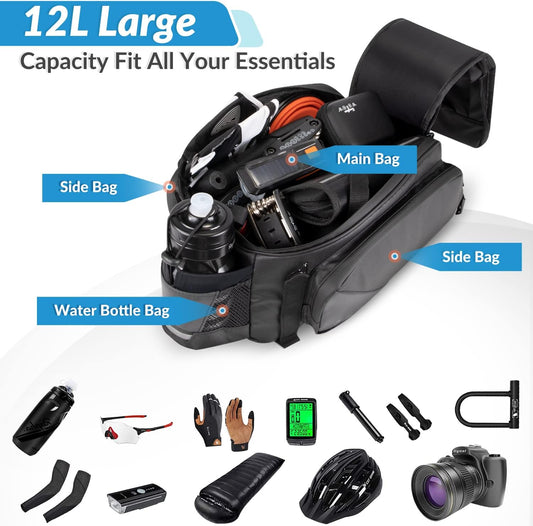 WOTOW Bike Rear Rack Bag, 12L Waterproof Reflective Bicycle Trunk Bag, Cycling Rear Seat Carrier Backseat Storage Luggage with Water Bottle Holder, Shoulder Strap for MTB Bike E-Bike