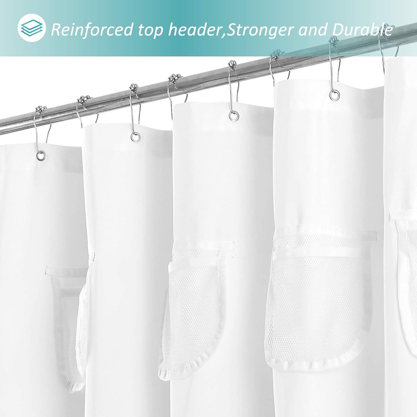 Mrs Awesome Extra-Long Fabric Shower Curtain or Liner with 9 Mesh Pocket, 71 x 84 inch, Water Repellent, Odorless, Washable and Rust Proof Grommets