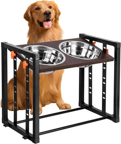 Elevated Dog Bowl: Adjustable 8 Heights Raised Dog Bowl Stand for Medium Large and X-Large Size Dogs, Pawtners 15° Tilted Metal Pet Feeder Station with Stainless Steel Food Water Bowl Set Max 14.5" H