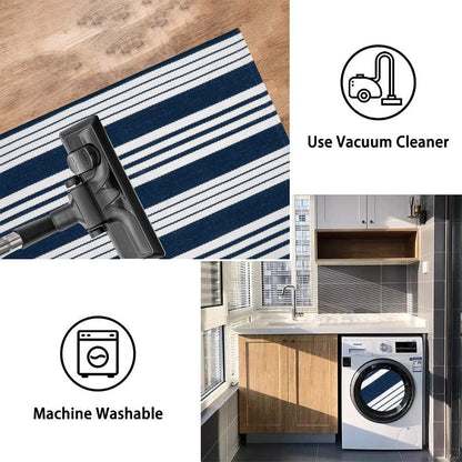 OJIA Blue and White Outdoor Rug 3’x5‘ Cotton Woven Striped Front Porch Rug Machine Washable Indoor Outdoor Rugs Farmhouse Entry Rug Layered Door Mat for Entryway/Kitchen/Laundry/Living Room