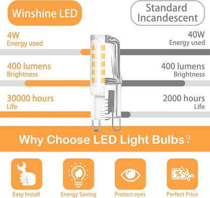 10 Pack G9 LED Bulb 3000K Warm White, Winshine T4 G9 Light Bulb 4W (40W Halogen Equivalent),T4 G9 Bi Pin Ceramic Base 360°Beam Angle 400 Lumen for Chandelier Ceiling Pendant Lighting No-Dimmable