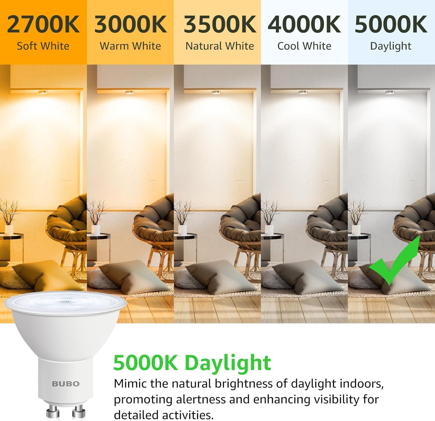 BUBO GU10 LED Bulb 6W Equivalent 50W, 5000K Daylight 650 Lumens, Non-Dimmable GU10 Bulb Replacement for Track Lighting, MR16 LED Bulb for Kitchen, Range Hood, Living Room, Bedroom, 6 Pack