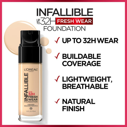 L'Oreal Paris Makeup Infallible Up to 32 Hour Fresh Wear Lightweight Foundation, 482 Radiant Sun, 1 Fl Oz, Packaging May Vary