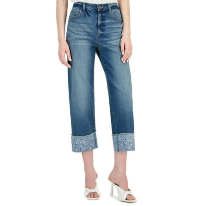 INC International Concepts Womens High Rise Embellished Crop Wide Leg Jeans Medium Indigo 12