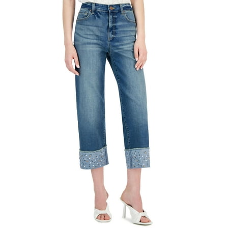 INC International Concepts Womens High Rise Embellished Crop Wide Leg Jeans Medium Indigo 12