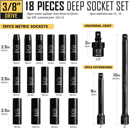 BOEN 3/8" Drive Deep Impact Socket Set, 18 Piece Metric Socket Set 8mm to 22mm, Includes 6", 10" Extension Bars, Universal Joint, 6 Point Design, Cr-V Steel, Heavy Duty Storage Case