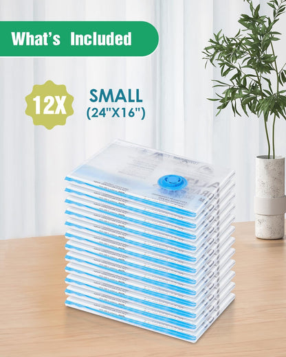 12Pack Small Vacuum Storage Bags, New Air Valve Space Saver Vacuum Sealer Bag for Clothes, Comforters, Blankets, Bedding, Hand Pump Included, Two Vacuum Ways