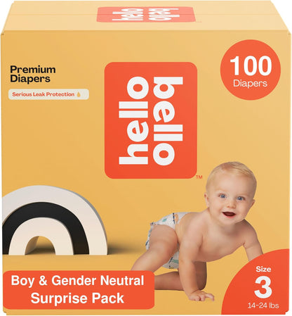 Hello Bello Premium Diapers, Size 3 (14-24 lbs) Surprise Pack for Boys, 100 Count (Pack of 1), Hypoallergenic with Soft, Cloth-Like Feel, Boy and Gender Neutral Patterns