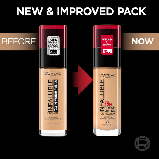 L'Oreal Paris Makeup Infallible Up to 32 Hour Fresh Wear Lightweight Foundation, 482 Radiant Sun, 1 Fl Oz, Packaging May Vary