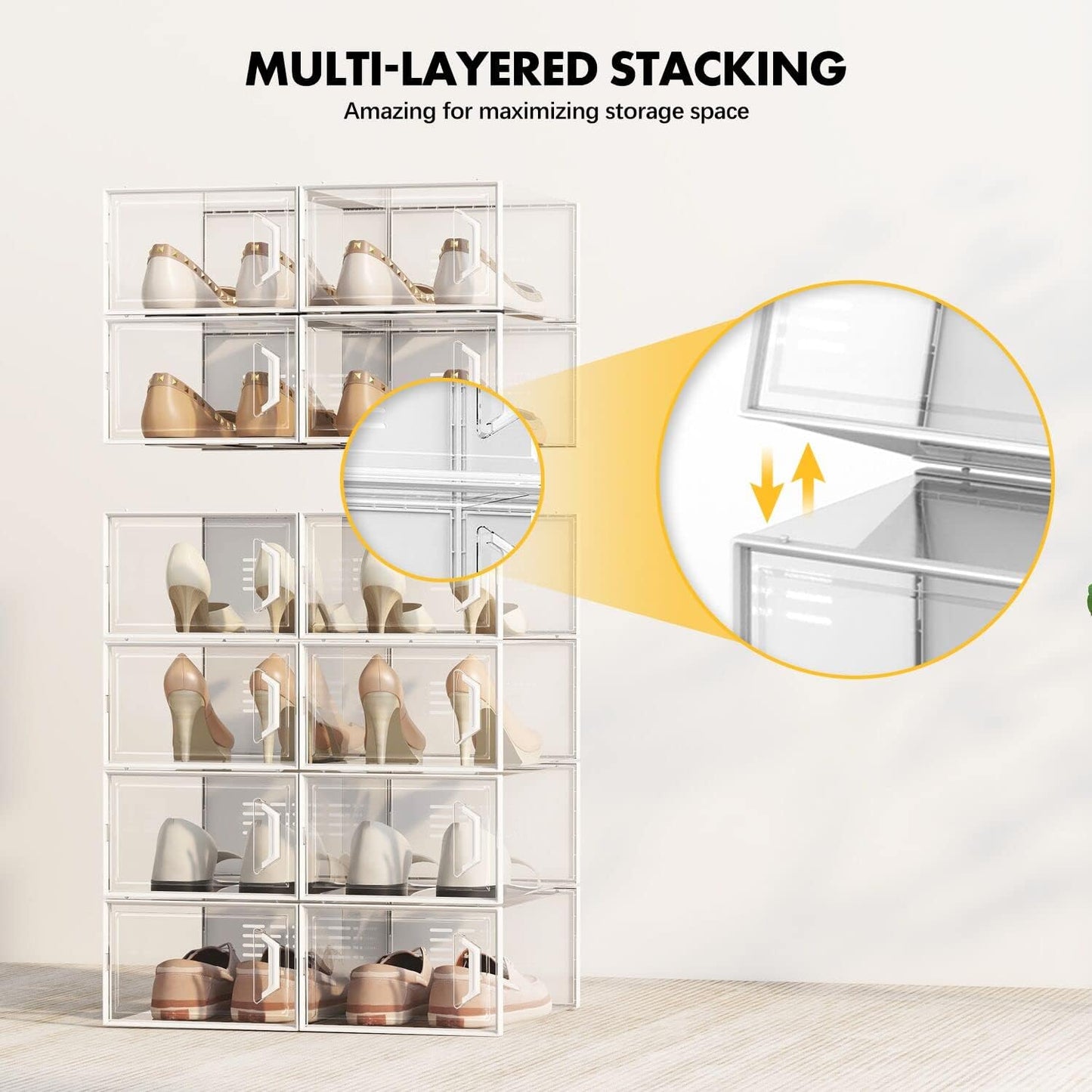SEE SPRING Large 12 Pack Shoe Storage Box, Shoe Organizer for Closet, Clear Plastic Stackable Shoe Boxes, Space Saving Foldable Sneaker Shoe Rack Containers Bin Holder (Black)