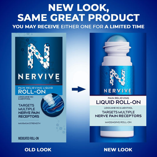 Nervive Pain Relieving Roll On Liquid, Max Strength No-Mess Topical Pain Reliever with Lidocaine and Menthol for Toes, Feet, Fingers, Hands, Legs & Arms, 2.5oz