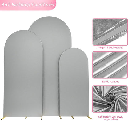 Wokceer Wedding Arch Cover Set of 3 Spandex Fitted Wedding Arch Stand Covers for Round Top Chiara Arch Backdrop Stands Cover for Birthday Party Ceremony Banquet Decoration 4ft,5ft,6ft Silver