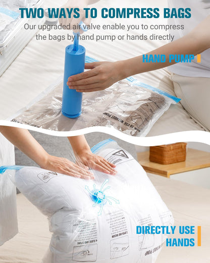 12Pack Small Vacuum Storage Bags, New Air Valve Space Saver Vacuum Sealer Bag for Clothes, Comforters, Blankets, Bedding, Hand Pump Included, Two Vacuum Ways
