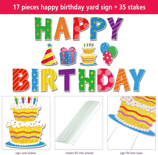 Yulejo 17 Piece Happy Birthday Yard Signs, 16 Inch Letters, Lawn Signs with Stakes, Waterproof, Multicolor, Contemporary Style, Birthday Theme, DECORATIVE SIGN, Ground Mount, Signs