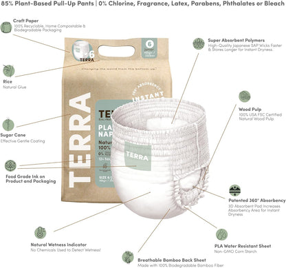 Terra Size 6 Training Pants– 85% Plant Based Pull-Up Style Diapers, Ultra-Soft & Chemical-Free for Sensitive Skin, Perfect Overnight Diapers, for Toddlers 35+ Pounds, 12 Count (Pack of 8)