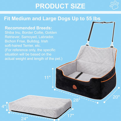 Dog Car Seat for Large Size Dogs Washable Pet Car Seat for Dog up to 55 lbs, Multi-Functional Booster Seats with Thick Cushion, 2 Safety Leashes Dog Sofa Cushion & Travel Bed