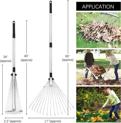 Buyplus Adjustable Garden Leaf Rake - 24 to 63 Inch Telescopic Metal Rake, Expandable Folding Leaves Rake for Lawn Yard, Flowers Beds, Black