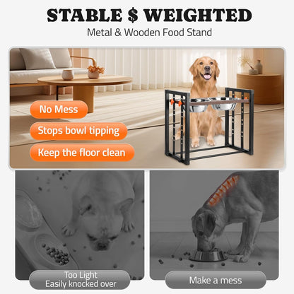 Elevated Dog Bowl: Adjustable 8 Heights Raised Dog Bowl Stand for Medium Large and X-Large Size Dogs, Pawtners 15° Tilted Metal Pet Feeder Station with Stainless Steel Food Water Bowl Set Max 14.5" H