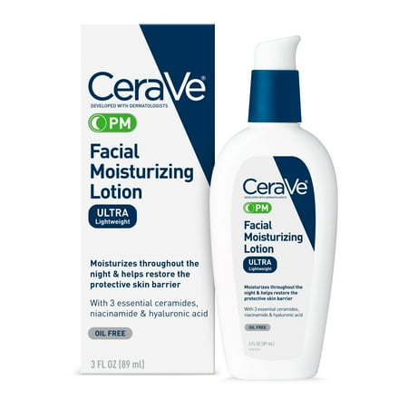 CeraVe PM Lotion Face Moisturizer, Lightweight Oil-free Night Cream for All Skin Types, 3 fl oz