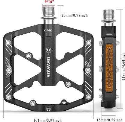 Bike Pedals 9/16 Inch - Bicycle Pedals with Reflectors - 3 Sealed Bearings MTB Pedals Wide Platform Pedals for Mountain Bike, BMX, Road Bike Pedals