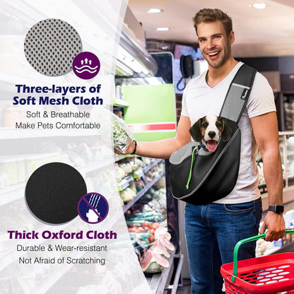 Pawaboo Pet Dog Sling Carrier, Hand Free Drawstring Dog Papoose with Adjustable Strap, Breathable Mesh Bag for Puppy Cat, Crossbody Satchel Dog Purse with Pocket for Outdoor Travel, Black, Medium