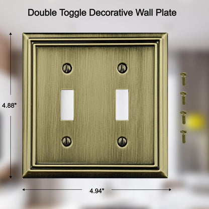 OKAWYC Double Toggle Light Switch Cover Adler Metal Wall Plate, 2-Pack Antique Brass 2 Gang, Light Switch Cover Decorative Wallplate, Durable