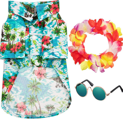 3 Pieces Pet Dog Hawaiian Costume, Includes Puppy Cool T-Shirts Summer Clothes, Funny Cute Dog Retro Fashion Sunglasses and a Colorful Wreath for Small to Medium pet(Green Series)