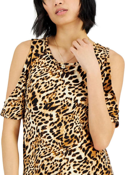 INC International Concepts Women's Leopard Printed Cold Shoulder Knit Top Black Size X-Large