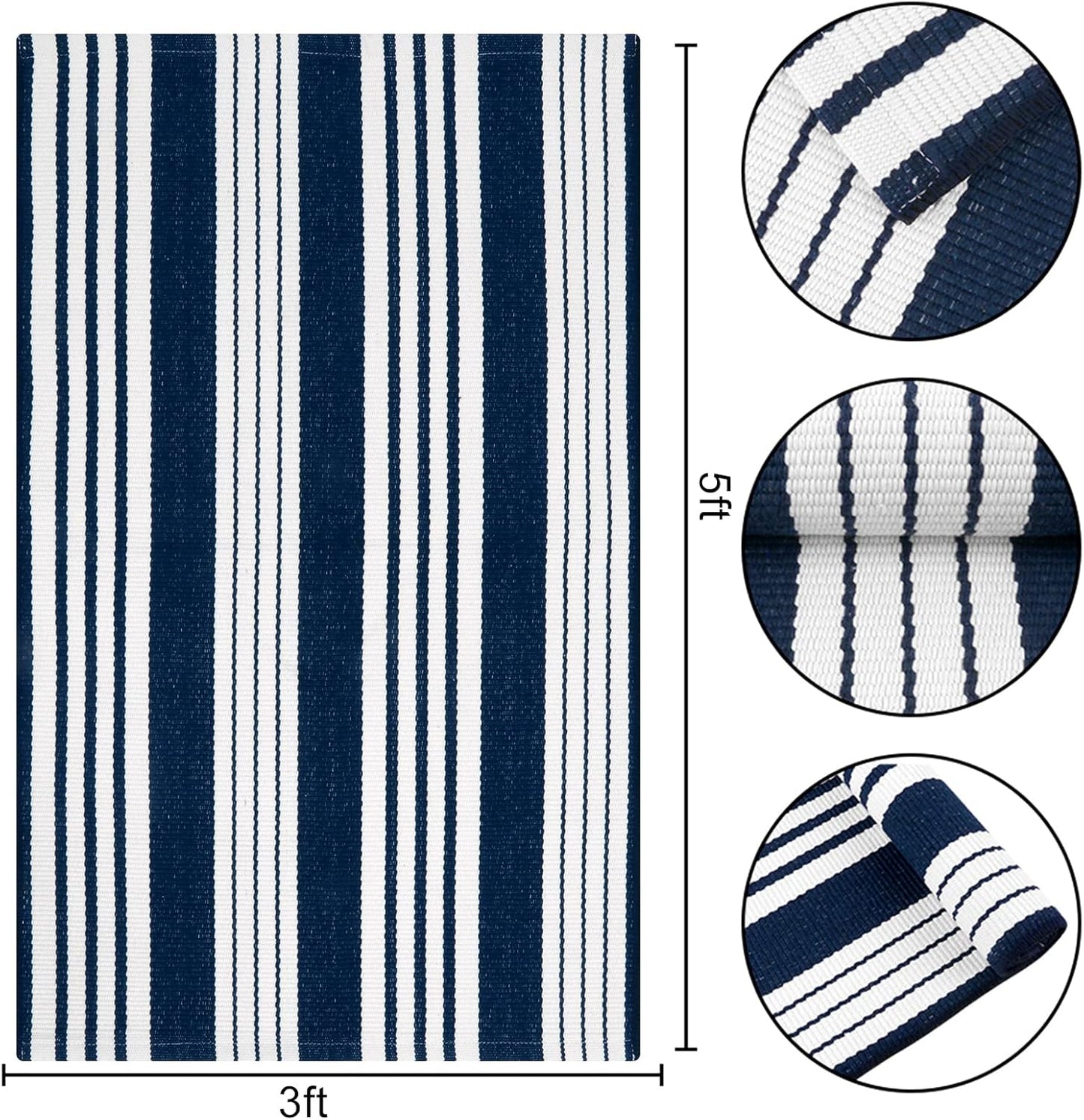 OJIA Blue and White Outdoor Rug 3’x5‘ Cotton Woven Striped Front Porch Rug Machine Washable Indoor Outdoor Rugs Farmhouse Entry Rug Layered Door Mat for Entryway/Kitchen/Laundry/Living Room
