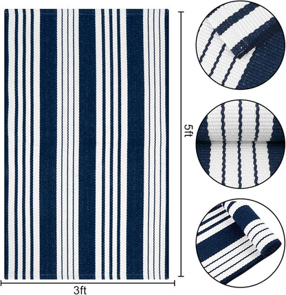 OJIA Blue and White Outdoor Rug 3’x5‘ Cotton Woven Striped Front Porch Rug Machine Washable Indoor Outdoor Rugs Farmhouse Entry Rug Layered Door Mat for Entryway/Kitchen/Laundry/Living Room