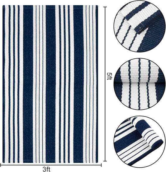 OJIA Blue and White Outdoor Rug 3’x5‘ Cotton Woven Striped Front Porch Rug Machine Washable Indoor Outdoor Rugs Farmhouse Entry Rug Layered Door Mat for Entryway/Kitchen/Laundry/Living Room