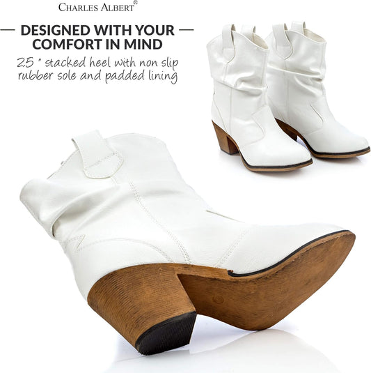 Charles Albert Women's Modern Western Cowboy Distressed Boot with Pull-Up Tabs, White, Ladies size 7