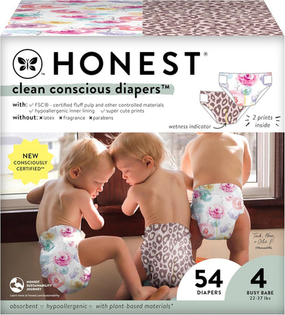The Honest Company Clean Conscious Diapers | Plant-Based, Sustainable | Wild Thang + Rose Blossom | Club Box, Size 4 (22-37 lbs), 54 Count