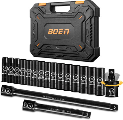 BOEN 3/8" Drive Deep Impact Socket Set, 18 Piece Metric Socket Set 8mm to 22mm, Includes 6", 10" Extension Bars, Universal Joint, 6 Point Design, Cr-V Steel, Heavy Duty Storage Case