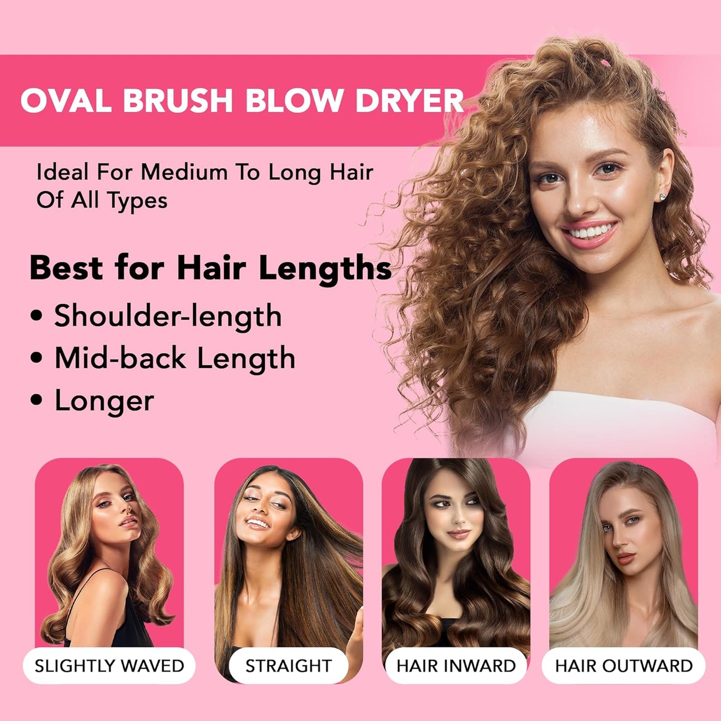 Blow Dryer Brush, 4 in 1 Styling Tools with ION Generator and Ceramic Coating for Fast Drying Hair Types, Pink