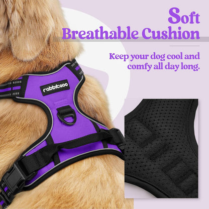rabbitgoo Dog Harness No Pull with 2 Leash Clips, Adjustable Soft Padded, Reflective Oxford No Choke Pet Vest with Easy Control Handle for Large Dogs, Purple, L