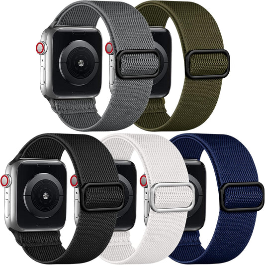 Adorve 5 Pack Stretchy Solo Loop Bands Compatible with Apple Watch Band 38mm 40mm 42mm 44mm 41mm 45mm for Women Men, Soft Nylon Elastic Braided Replacement Straps for iWatch SE Series 7/6/5/4/3/2/1