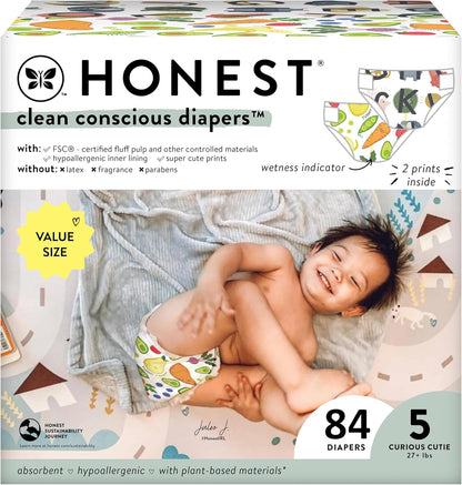 The Honest Company Clean Conscious Diapers | Plant-Based, Sustainable | So Delish + All The Letters | Super Club Box, Size 5 (27+ lbs), 84 Count