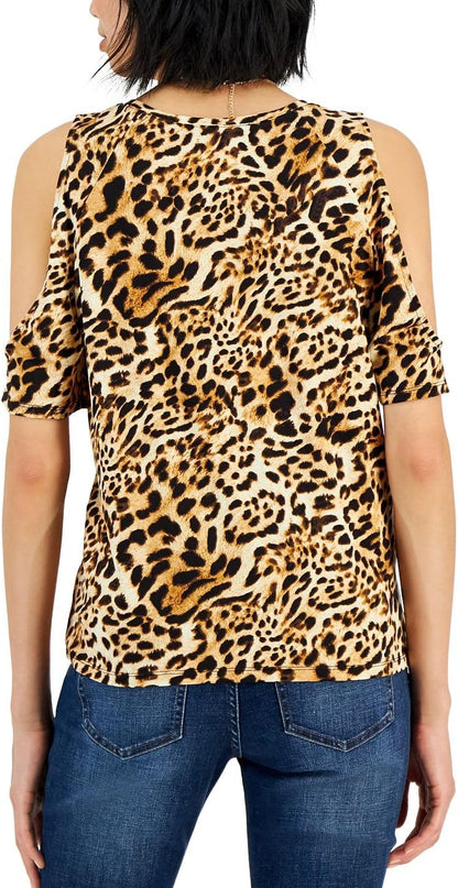 INC International Concepts Women's Leopard Printed Cold Shoulder Knit Top Black Size X-Large