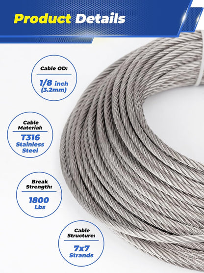 TooTaci Sun Shade Hardware Kit Rectangle, T316 Stainless Steel Shade Sail Hardware Kit 6 Inch with 50ft Steel Cable, Marine Grade Sun Shade Sail Harware Kit for Outdoor Canopy Rectangle Triangle