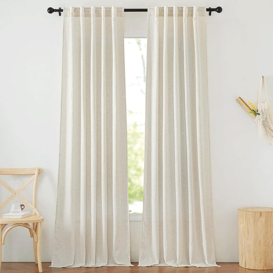 NICETOWN Flax Linen Living Room Curtains 90 inches Long, Rod Pocket & Back Tab Semi Sheer Linen Drapes Privacy Added with Light Filtering for Bedroom/Living Room, Natural, W42 x L90, 2 Panels