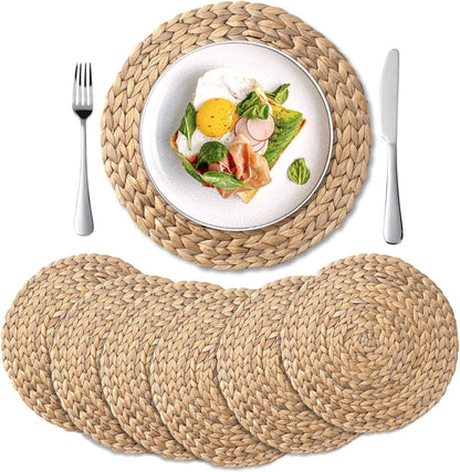 6 Pack, Round Woven Placemats, Natural Water Hyacinth Place mats, Braided Straw Table Mats for Dining Table (13.8 inch) Water Hyacinth 13.8 inch (Set of 6)