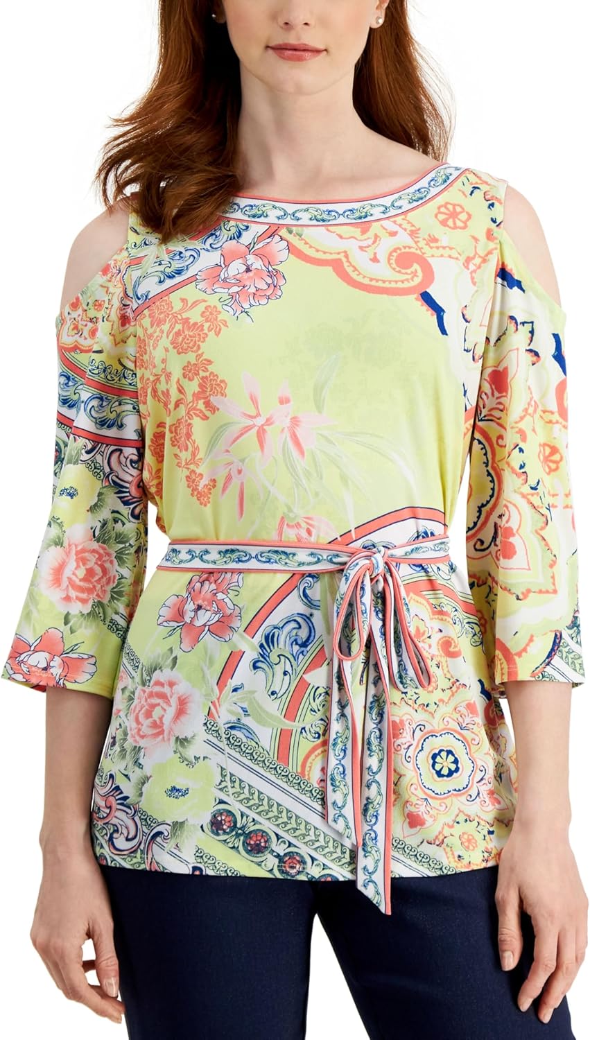 Womens Belted Cold-Shoulder Top