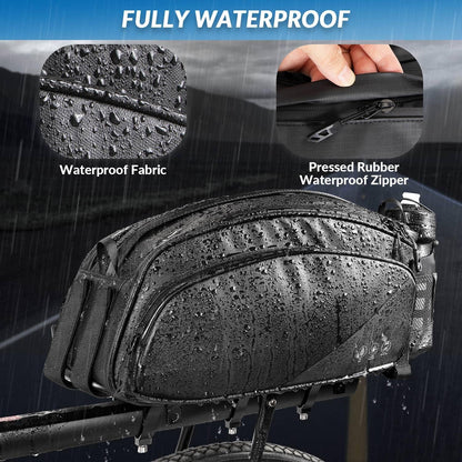 WOTOW Bike Rear Rack Bag, 12L Waterproof Reflective Bicycle Trunk Bag, Cycling Rear Seat Carrier Backseat Storage Luggage with Water Bottle Holder, Shoulder Strap for MTB Bike E-Bike