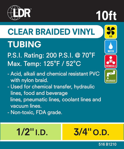 LDR Industries 516 B1210 Clear Braided Nylon Poly Tubing Flexible Non-Toxic, 1/2" Inner Diameter x 3/4" Outer Diameter,10 Feet Length